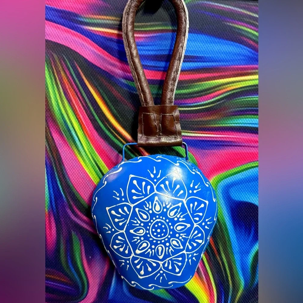 Hand Painted Blue Metal Bell Leather Handle Folk Art Rustic Cottagecore Decor